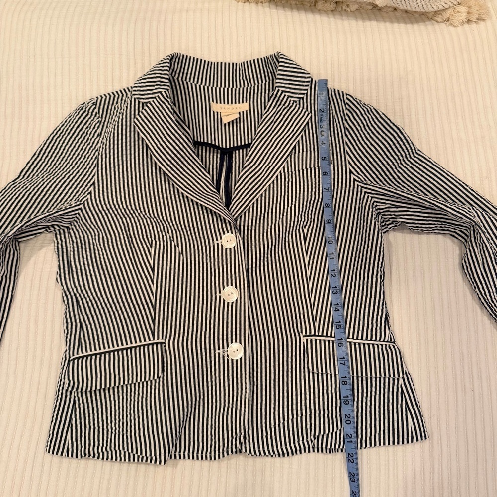Sandro Designer Seersucker Navy White Stripes 100% Cotton Women's Blazer Size L - Picture 9 of 9